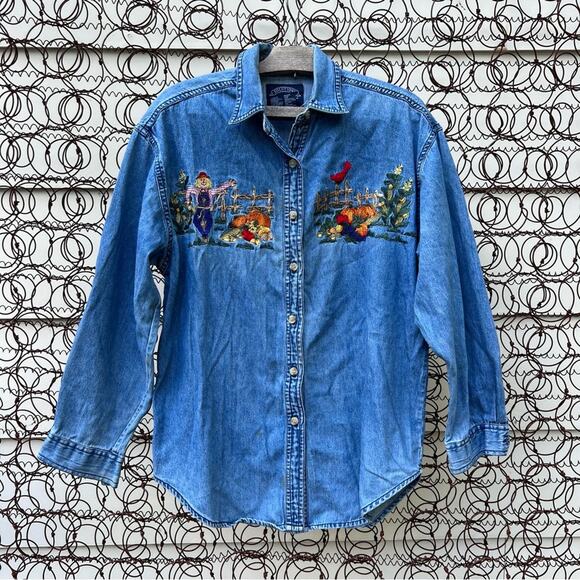 Vintage 90s fall harvest Halloween long sleeve denim chambray button up shirt - Picture 1 of 8